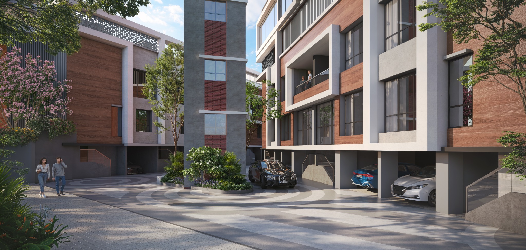Architectural visualisation of an internal courtyard between the row houses