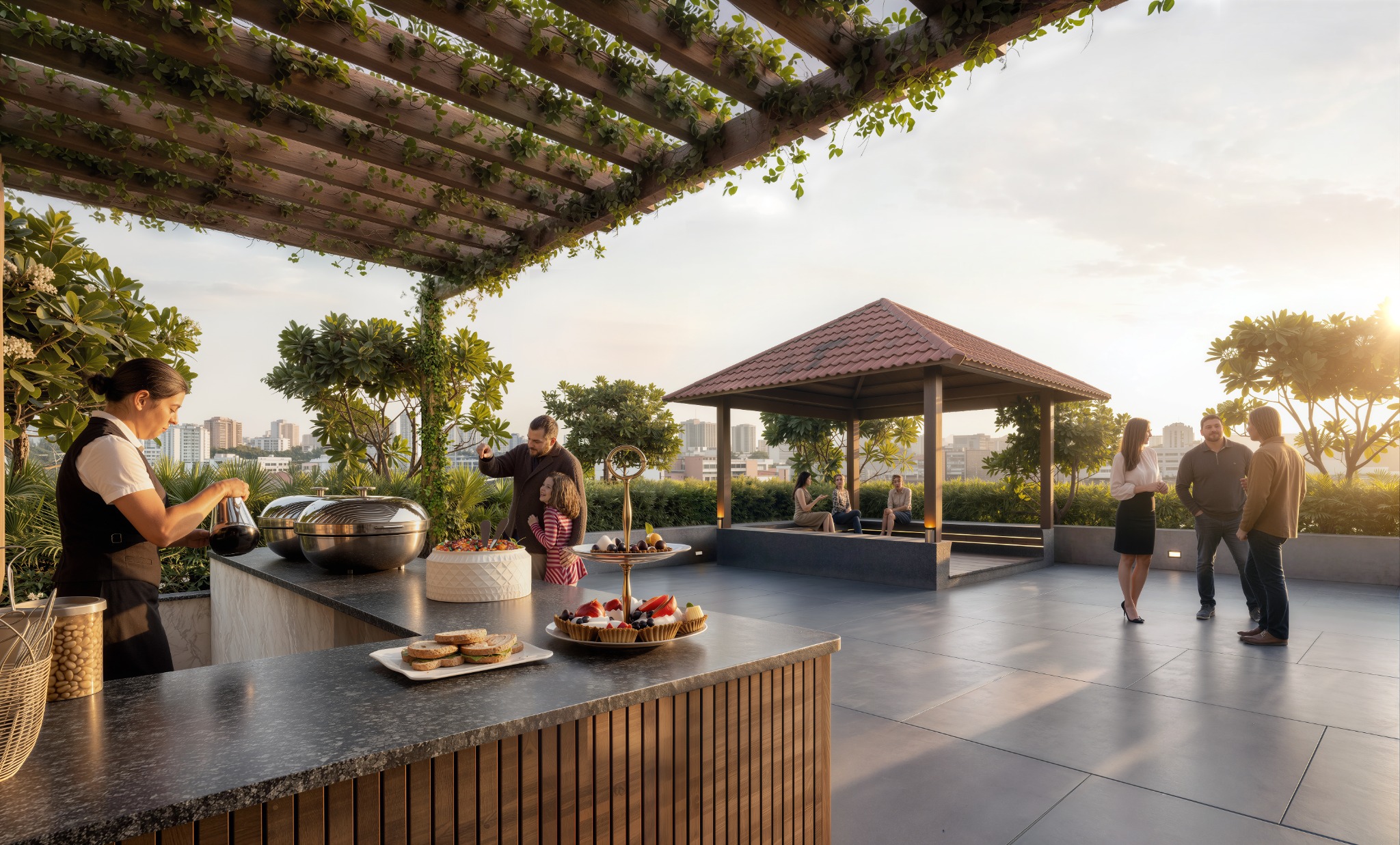 Architectural visualisation of rooftop dining and gathering space
